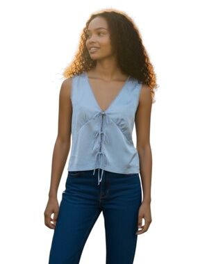New 1 State Top Blue Sleeveless Top with Lace Edging Size Large